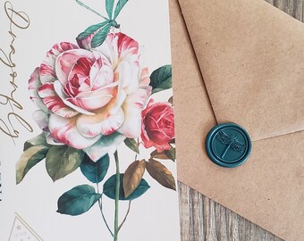 Botanical notecards blank inside w/matching wax seal sticker. Blank 5x7 greeting cards, botanical, flower, insect, waxseal, blank notecards