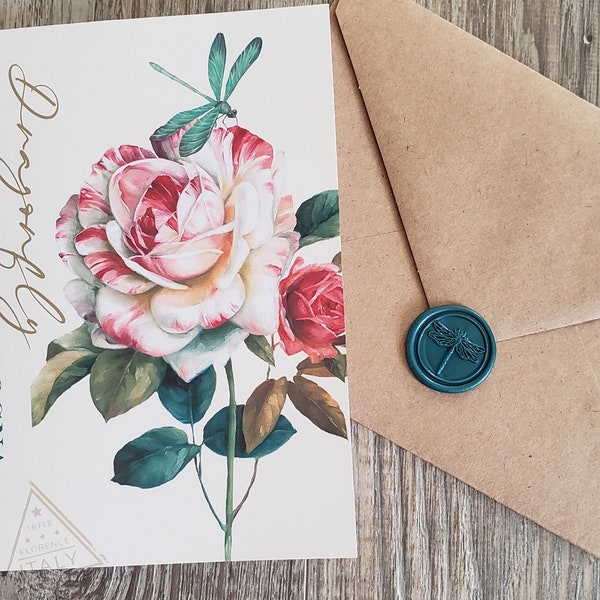 Botanical notecards blank inside w/matching wax seal sticker. Blank 5x7 greeting cards, botanical, flower, insect, waxseal, blank notecards