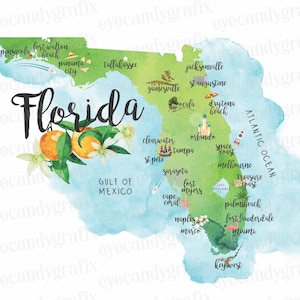 Florida State Map Wall Art, Illustrated Florida Map, Vintage Florida State Map, Florida Travel Poster, Map Wall Art, Florida Wall Decor