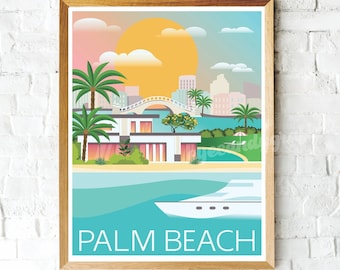Palm Beach Print, Palm Beach Skyline, Wall Decor, Travel Poster Florida, Sunset Scene, Art Deco Print, Graphic Art, Palm Trees, Sun, Beach