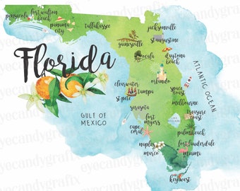 Florida State Map Wall Art, Illustrated Florida Map, Vintage Florida State Map, Florida Travel Poster, Map Wall Art, Florida Wall Decor