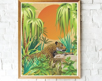 Leopard Jungle Print, Leopard Cat Art Print, Leopard Wall Decor, Leopard Art, Tropical Print, Leopard Print, Botanical Jungle Art Print