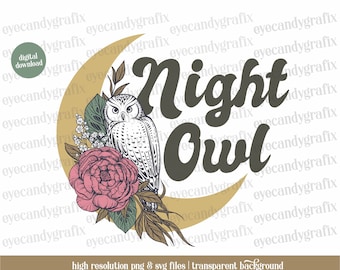 Retro Sublimations, Owl Moon Design Download, Vintage Owl graphic, Clipart, t-shirt Design, Retro Graphics, Owl, Moon PNG, Owl SVG, digital