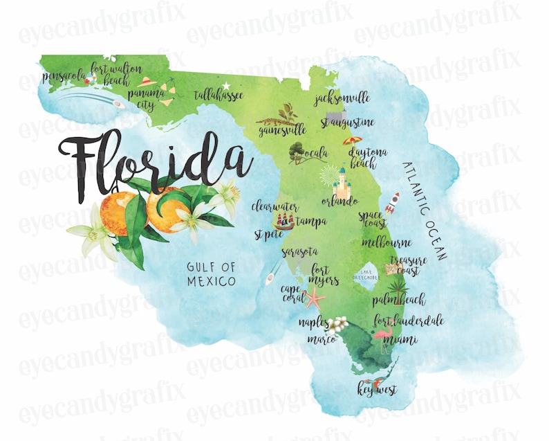 Florida State Map Wall Art, Illustrated Florida Map, Vintage Florida