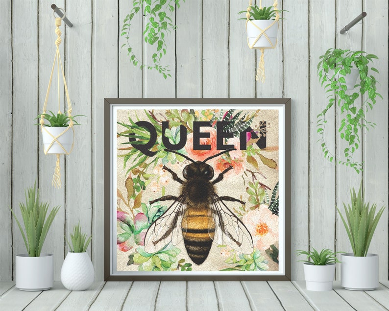 Queen Bee, Bee Print, Queen Bee Art, Succulents, Bumble Bee, Honey Bee Art, Botanical, Flower print, Queen Print, Gifts for Bee Lovers image 4