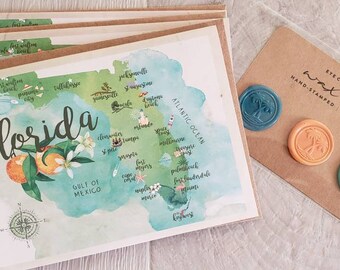 Vintage Florida Map Notecard Set w/ Self-Adhesive Wax Stamp Seals, Folded Notecard, Stationery Set, Blank Greeting Card, Wax Seal Stickers