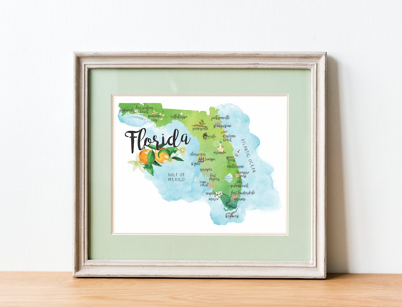Florida State Map Wall Art, Illustrated Florida Map, Vintage Florida