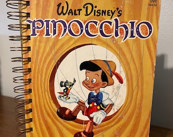 Disney's Pinocchio - Little Golden Book repurposed wire bound journal