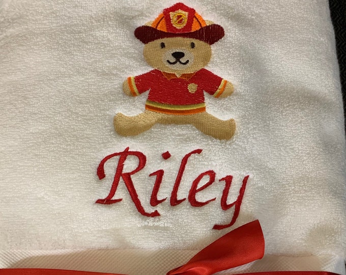 Fireman Bear Name Bath Towel