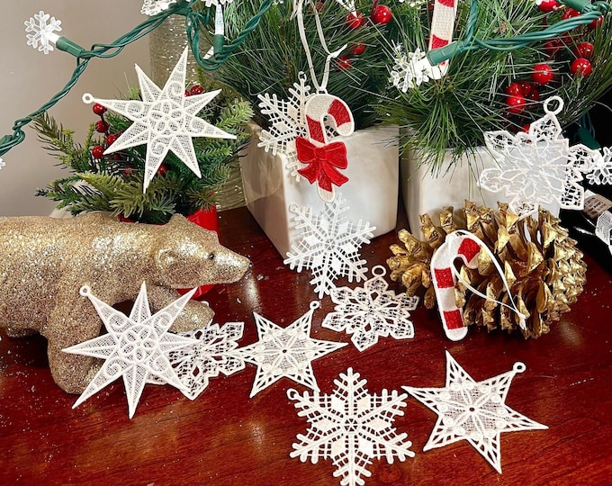 Candy Cane , Snowflake Lace Embroidered Ornaments