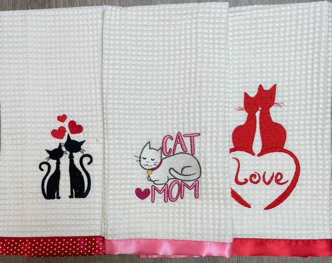 Valentine Cats Kitchen Towels, cat mom kitchen towel