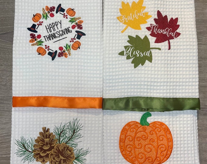 Pine Cone, pumpkin, leaves  Kitchen Towel, Happy Thanksgiving kitchen towel