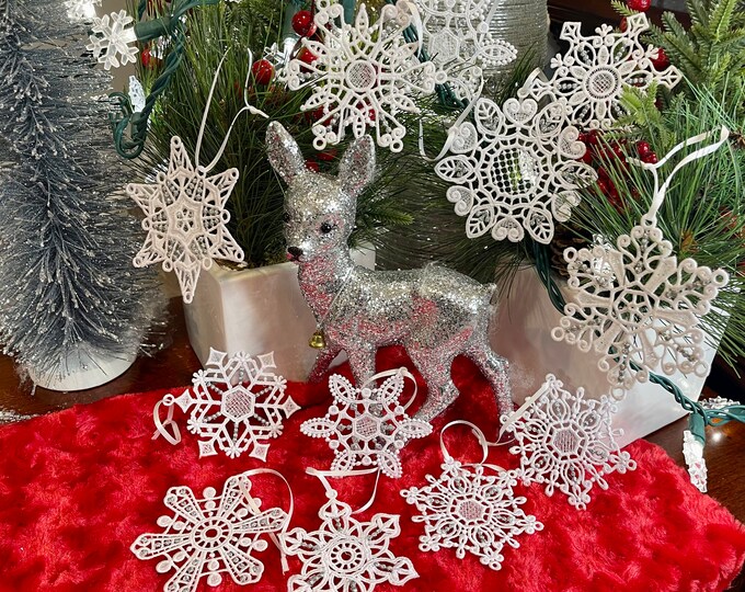 White & Silver Lace Embroidered Snowflake Ornaments