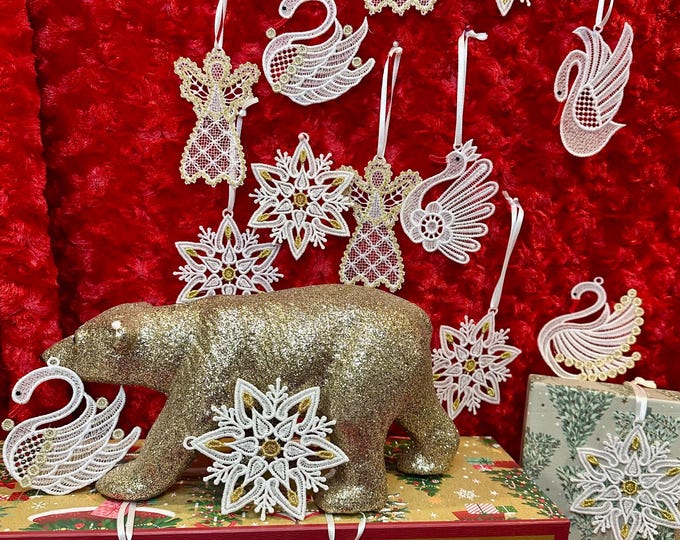 White & Gold Lace Embroidered Ornaments, snowflakes
