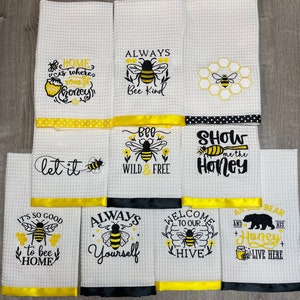 Bumble Bee Hand Dish Towels Set x3 Yellow Black Stripe Kitchen