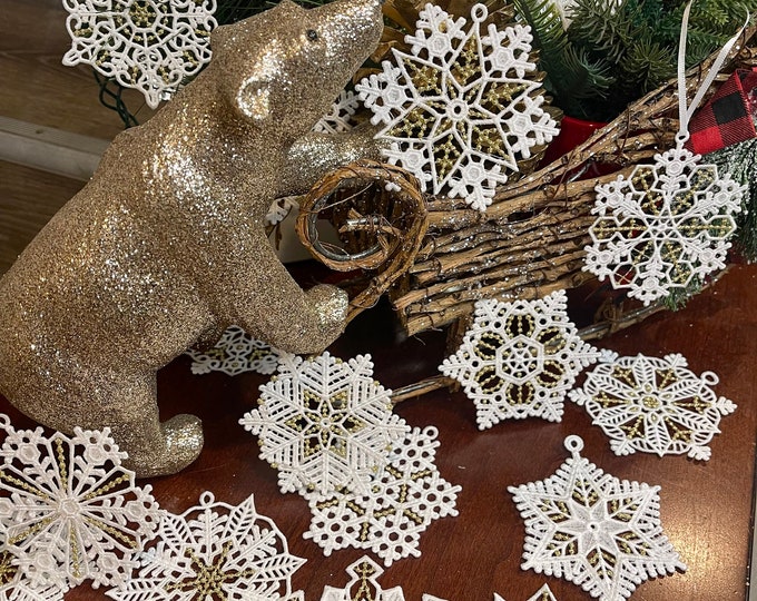 White & Gold Embroidered Lace Snowflake Ornaments