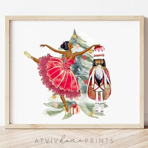 May include: A watercolor illustration of a Black ballerina in a red dress dancing with a Nutcracker soldier. The ballerina is holding a red and gold crown above the Nutcracker's head. They are both standing in front of a green Christmas tree with gold glitter.