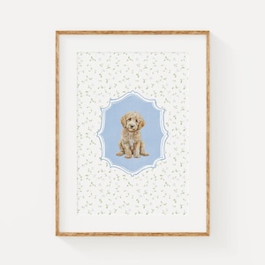 Golden Doodle Nursery Decor, Watercolor Dog Nursery Print, Baby Boy Nursery, Blue flowers Wall Print, Coquette nursery print, Puppy Nursery