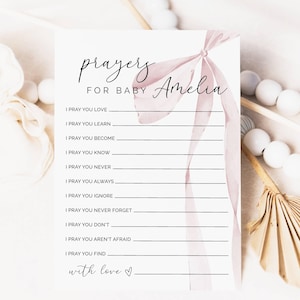 Carte de prière avec noeud rose, carte de prière de baptême, carte de prière personnalisée, carte de prières pour bébé, carte de prière de baby shower, carte de prière de baptême