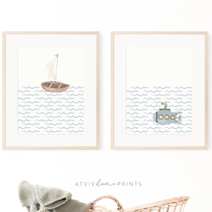 U-Boot Poster, maritimes Kinderzimmer Bild, maritimes Deko Bild, blaue Wellen, Ozean Bild, blaue Wellen, Poster maritim