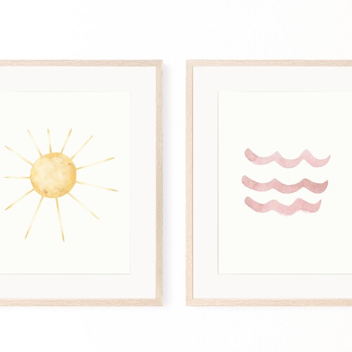 Sun and Waves Print Set Watercolor Pink Waves Print Nautical Etsy