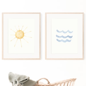 Sun and waves print set, watercolor blue waves print, nautical nursery, beach theme, waves print, under the sea print, beach nursery print