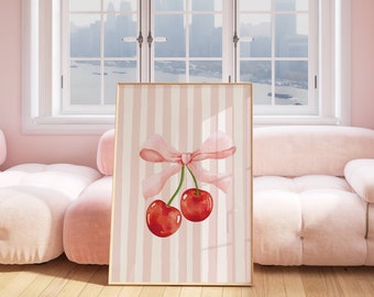 Cherry bow print, Cherrry Bow Coquette print, girls nursery wall art, pink girls nursery print, blush girls room, cherry printable wall art