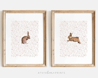 Bunny nursery print set, bunny nursery art, cute bunnies, woodland nursery girl, girls nursery print, girls room, bunny printable wall art