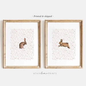 Bunny nursery print set, bunny nursery art, cute bunnies, woodland nursery girl, girls nursery print, girls room, vintage bunny wall art