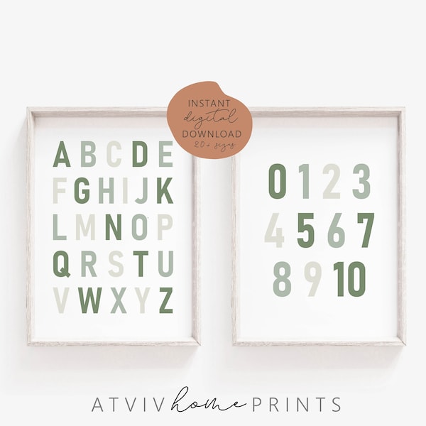 Alphabet and Numbers Print, alphabet numbers green print set, sage alphabet print, playroom sage print, ABC Print, Educational Nursery Decor