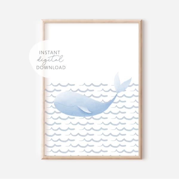 Whale nursery print, nautical nursery decor, whale print, nautical nursery print, waves print, Ocean nursery prints, blue waves print, surf