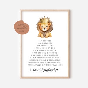 Christian affirmations print, personalized affirmations print, custom name bible affirmations print, custom affirmations print, lion