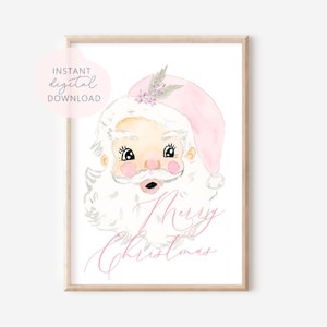 Santa print, pink Santa print, vintage Christmas print, Pink Christmas print, vintage Santa print, pink Christmas wall art, boho Holiday