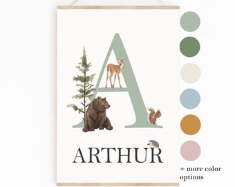 Custom initial print, woodland name print, custom name print, woodland animals print, woodland nursery wall art, bear, woodland decor, WFA1
