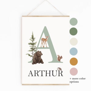 Stampa iniziale personalizzata, stampa del nome del bosco, stampa del nome personalizzato, stampa di animali del bosco, arte murale per bambini del bosco, orso, decorazioni del bosco, WFA1