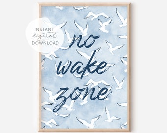 May include: A framed wall art print featuring a light blue watercolor background with a pattern of white seagulls in flight. The dark blue text in the center reads "no wake zone" in a casual, handwritten script style font. The frame is light wood.