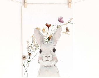 Imprimé de pépinière de lapin, imprimé de pépinière floral, imprimé de lapin mignon, imprimé de fleurs sauvages, imprimé de pépinière pour filles, chambre de filles, art mural imprimable de lapin