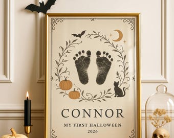 Minha primeira pegada de Halloween, Arte personalizada com pegada de Halloween, Lembrança de pegada de bebê de Halloween, Carimbo de pé de Halloween faça você mesmo