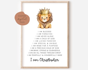 Christian affirmations print, personalized affirmations print, custom name bible affirmations print, custom affirmations print, lion