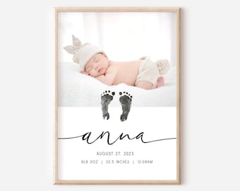 Personalised birth print, newborn footprint, baby footprint art, birth stats print, printable birth stats print, footprint nursery wall art