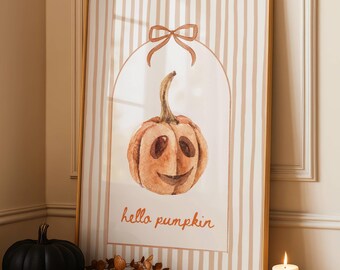 Hello pumpkin, Cozy fall printable wall art, fall home decor, square fall print, fall pumpkin print, pumpkin print, fall bow printable art
