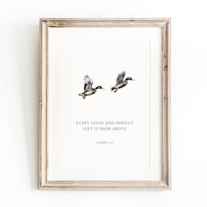 May include: A framed print showing two ducks in flight, with detailed plumage in shades of brown, grey, and green. The print includes the text "EVERY GOOD AND PERFECT GIFT IS FROM ABOVE" and "JAMES 1:17". The frame is a light brown colour.