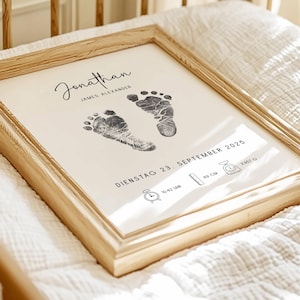 Personalised birth print, newborn footprint, baby footprint art, birth stats print, printable birth stats print, footprint nursery wall art image 3