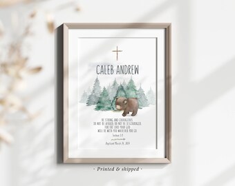 Baptism print, personalised baptism print, custom name baptism print, baptism gift boy, Be strong and courageous, printed baptism gift bear