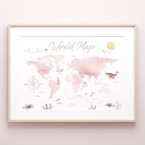 Impression de carte du monde nautique, impression de carte du monde d'enfants, impression de carte du monde rose, impression de carte du monde d'océan, impression de pépinière de plage, impression de pépinière d'océan, côte