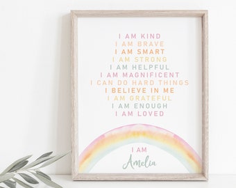 Affirmations print, custom affirmations, affirmations for kids, affirmations personalised, I am kind, I am smart, nursery decor, homeschool
