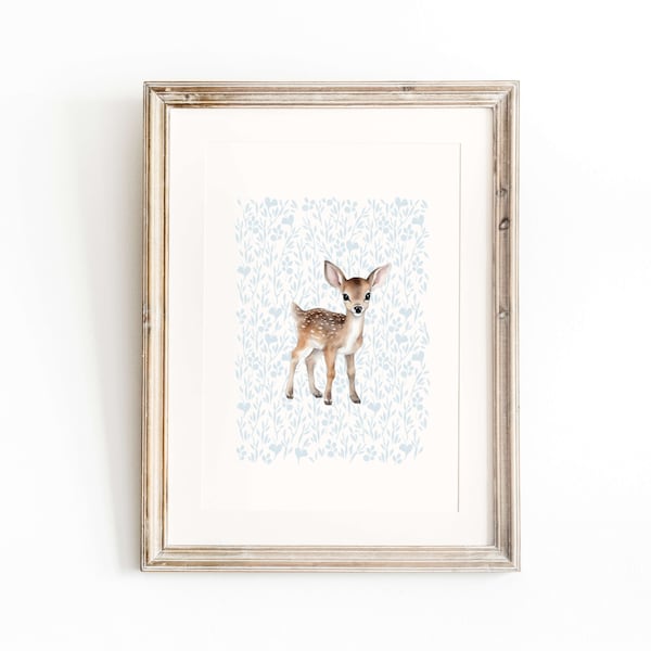 Deer nursery print, deer nursery art, cute bunny print, woodland nursery boy, boys nursery print, boys room, deer printable wall art blue