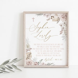 Baptism gift girl, print, personalized baptism print, custom name baptism print, baby girl gift, printable baptism gift, boho pampas baptism