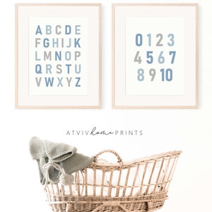 May include: Two framed prints with a white background and blue and gray letters and numbers. The print on the left has the alphabet in blue and gray letters. The print on the right has the numbers 0-10 in blue and gray numbers. The prints are hanging on a white wall above a wicker bassinet.