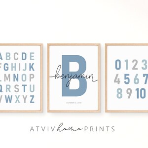 May include: Three framed prints with a blue and gray color scheme. The first print features the alphabet, the second print features the letter "B" with the name "benjamin" and the date "October 2, 2018", and the third print features the numbers 0-10.